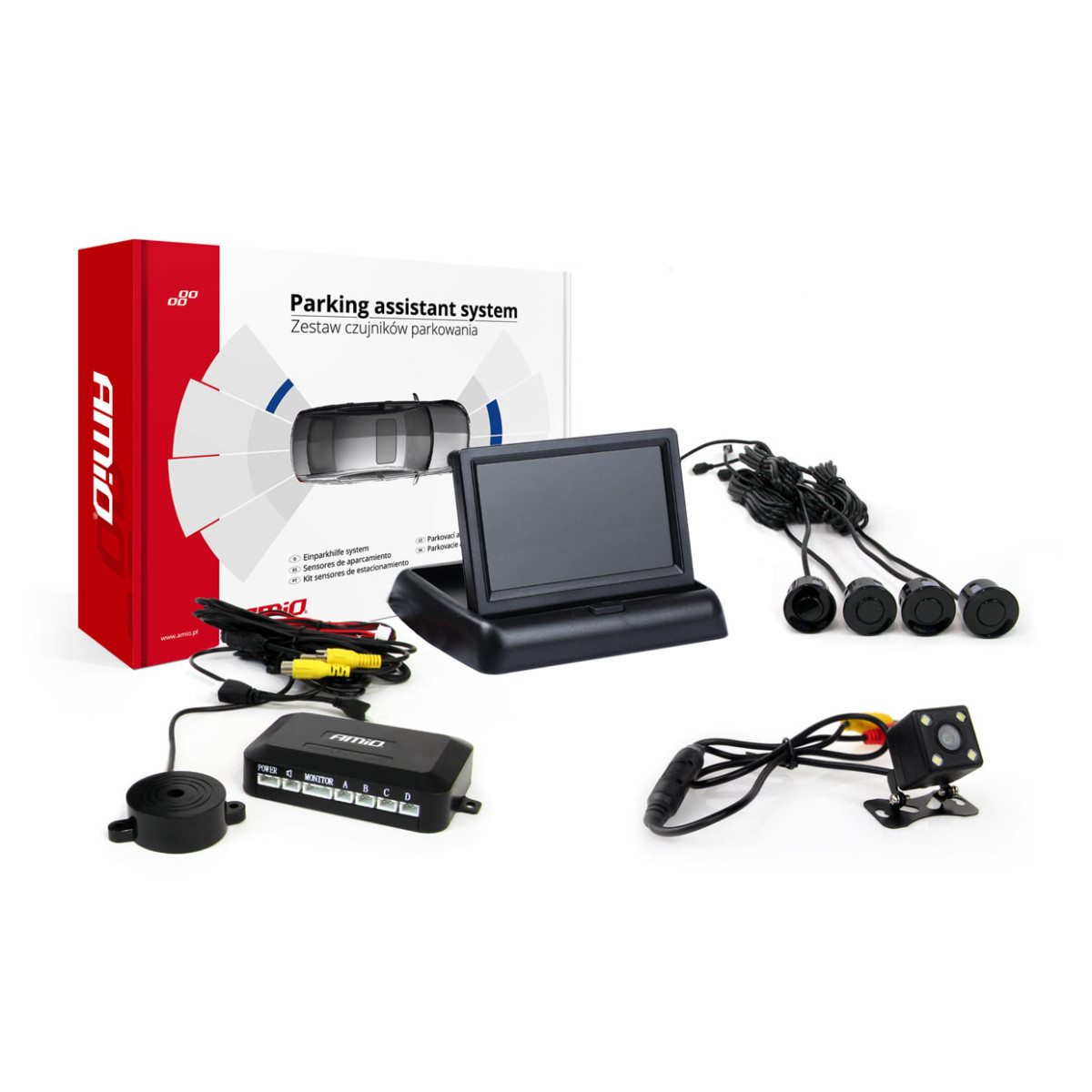 Einparkhilfesystem TFT02 4,3" mit HD-315-LED-Kamera, 4 schwarzen Sensoren