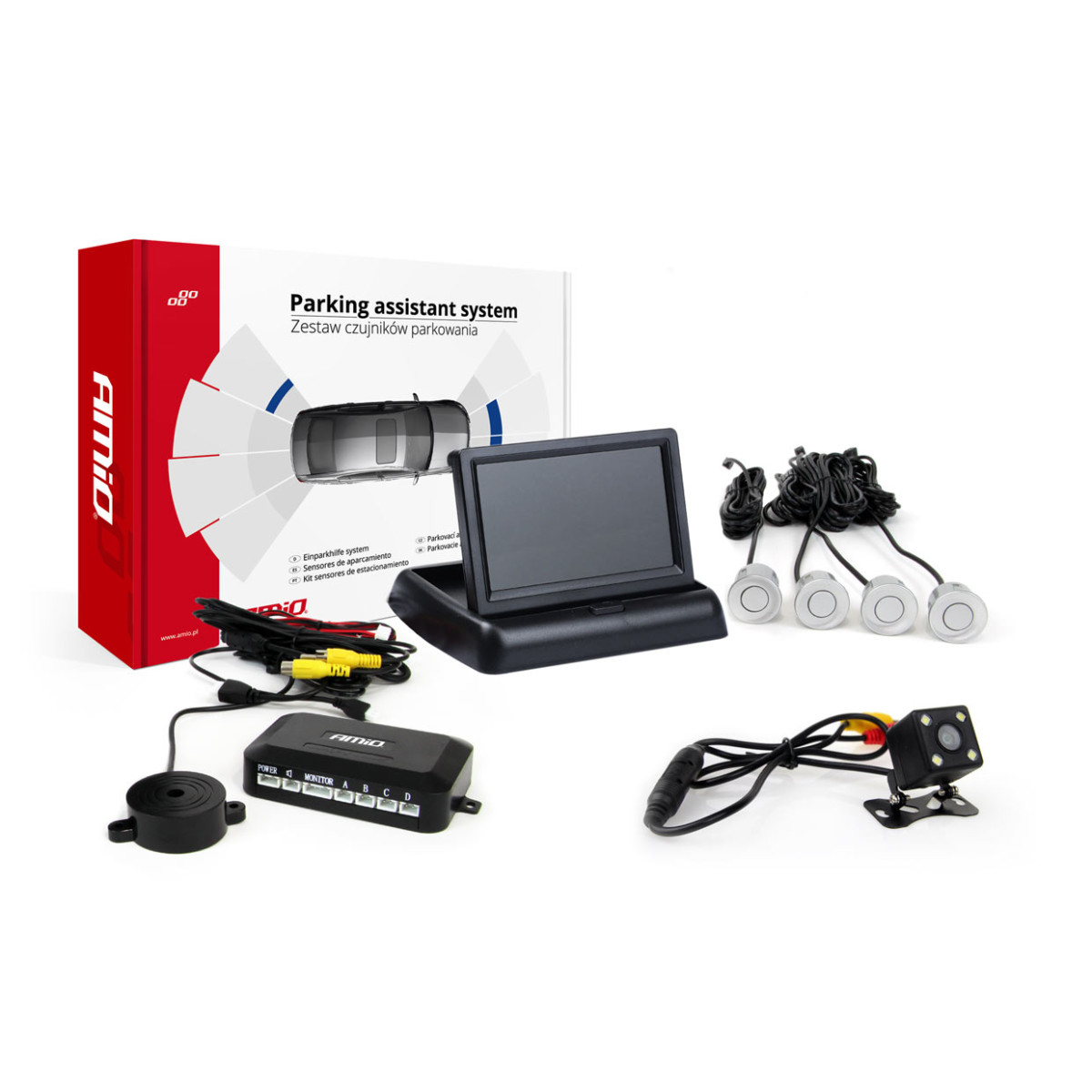 Einparkhilfesystem TFT02 4,3" mit HD-315-LED-Kamera, 4 silbernen Sensoren