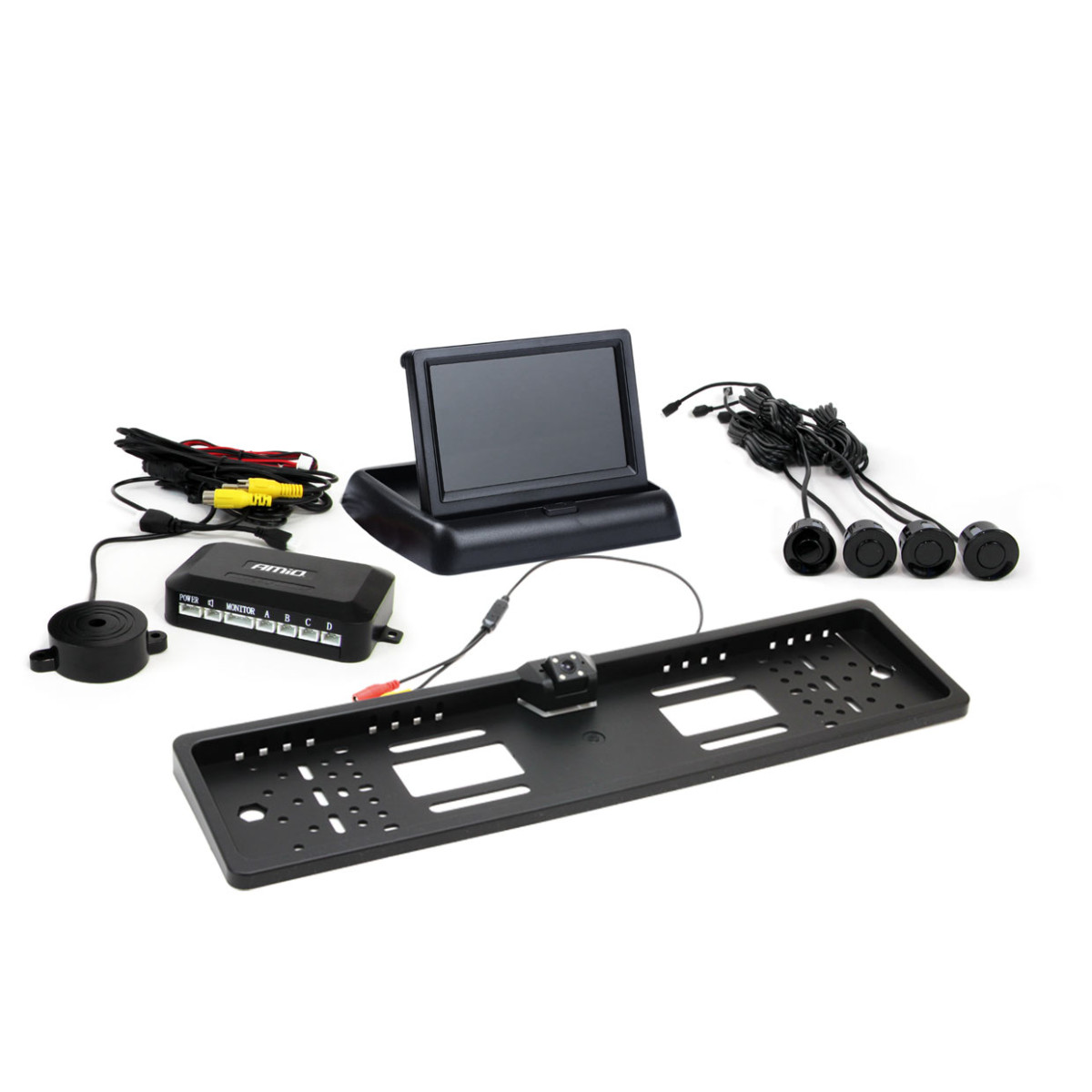 Einparkhilfesystem TFT02 4,3" mit HD-402-LED-Kamera, 4 schwarzen Sensoren