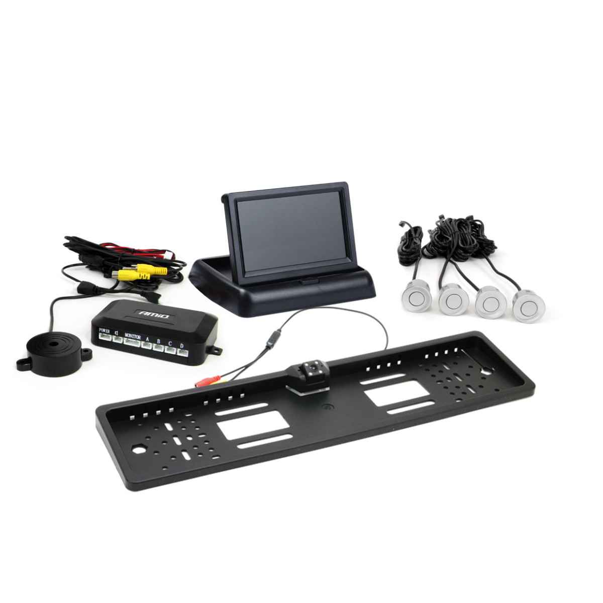 Einparkhilfesystem TFT02 4,3" mit HD-402-LED-Kamera, 4 silbernen Sensoren
