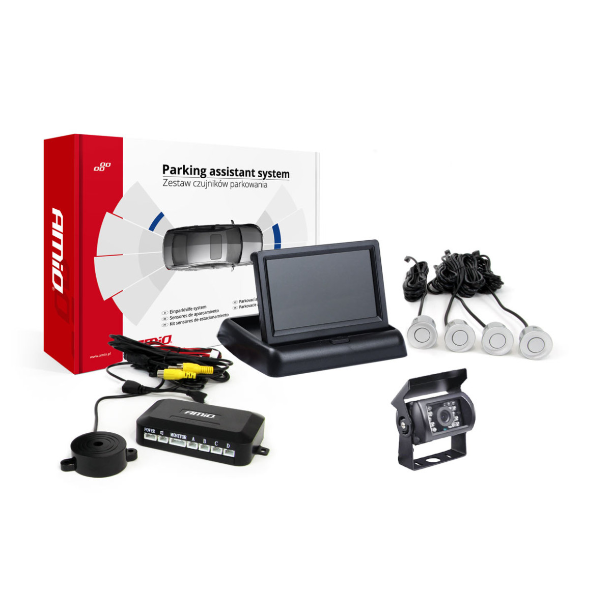 Einparkhilfesystem TFT02 4,3" mit HD-501-IR-Kamera, 4 Silbersensoren