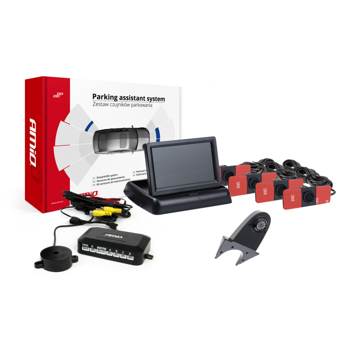 Einparkhilfesystem TFT02 4,3" mit HD-502-IR-Kamera, 4 schwarzen Sensoren, Inneneinbau