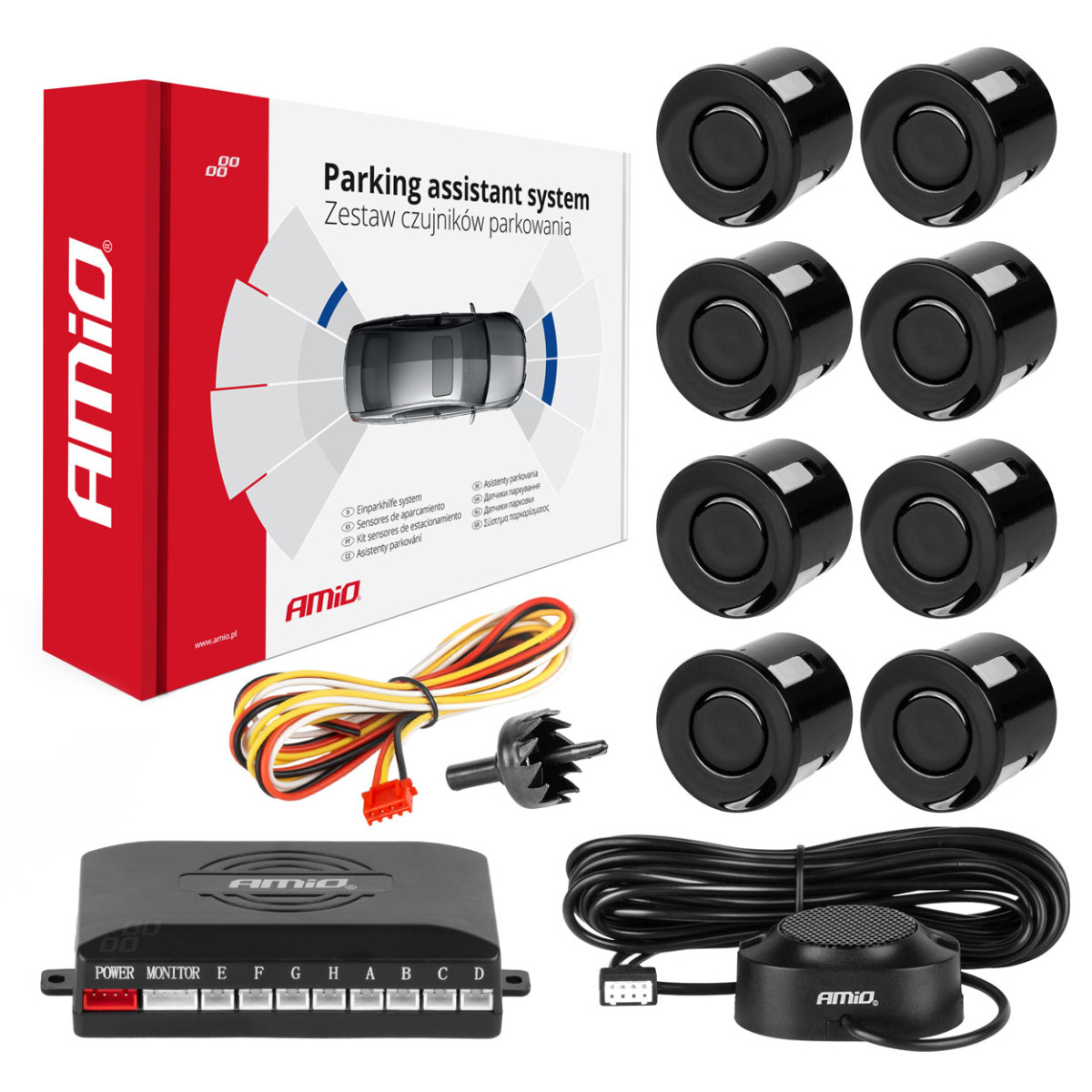 Einparkhilfe mit akustischem Signal, 8 schwarze Sensoren 22 mm AMIO-01575