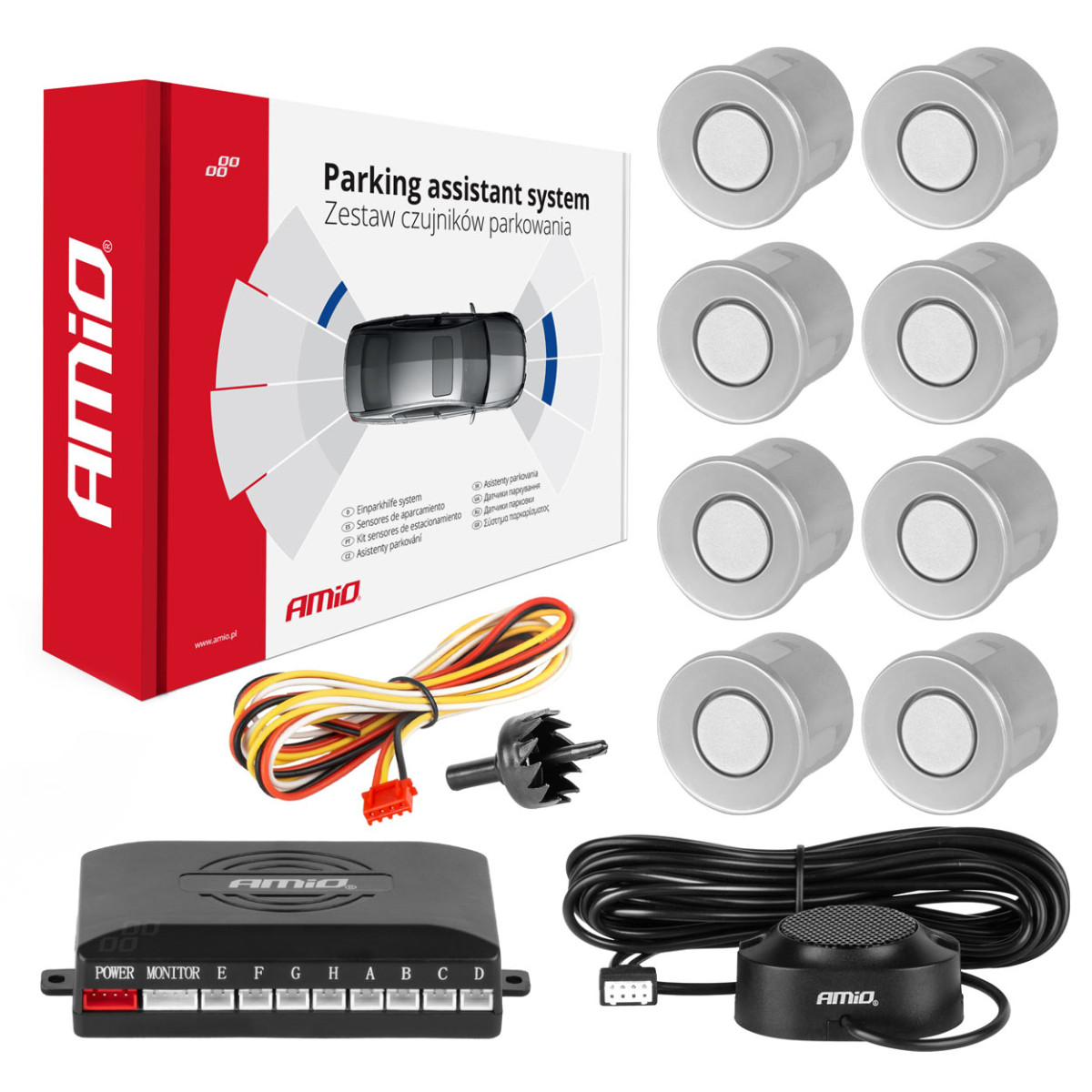 Einparkhilfe mit akustischem Signal, 8 silberne Sensoren 22 mm AMIO-01596