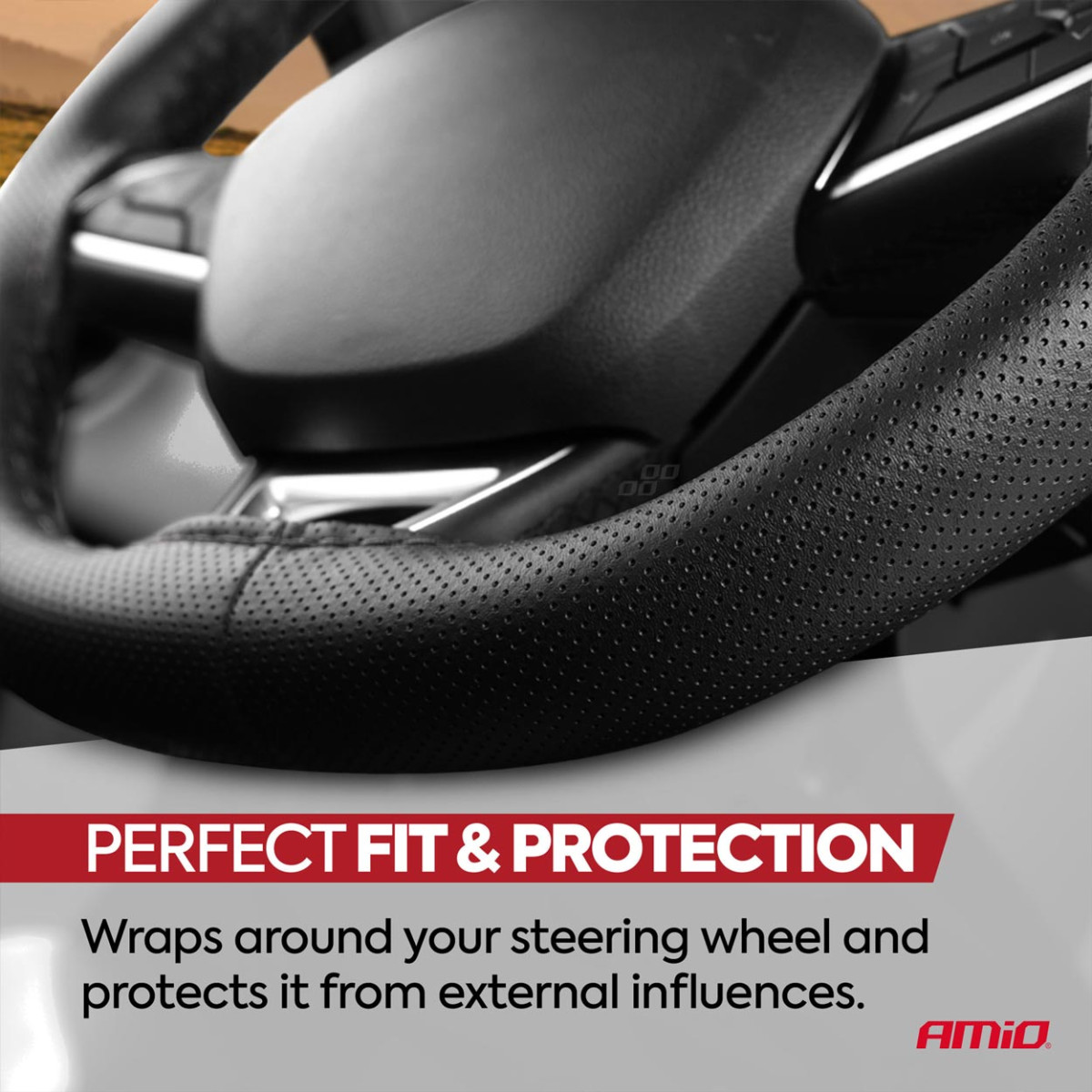 Perforierter Lenkradbezug mit Nadel und Faden, 38-39 cm - schwarz / schwarze Naht