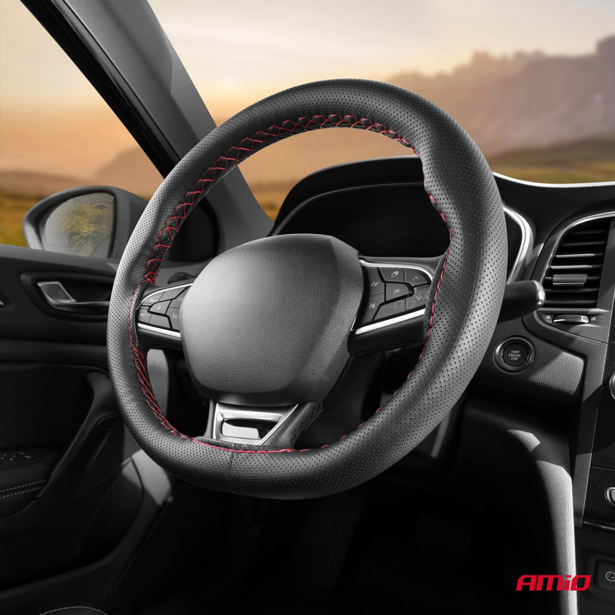 Perforierter Lenkradbezug mit Nadel und Faden, 38-39 cm - schwarz/rote Naht