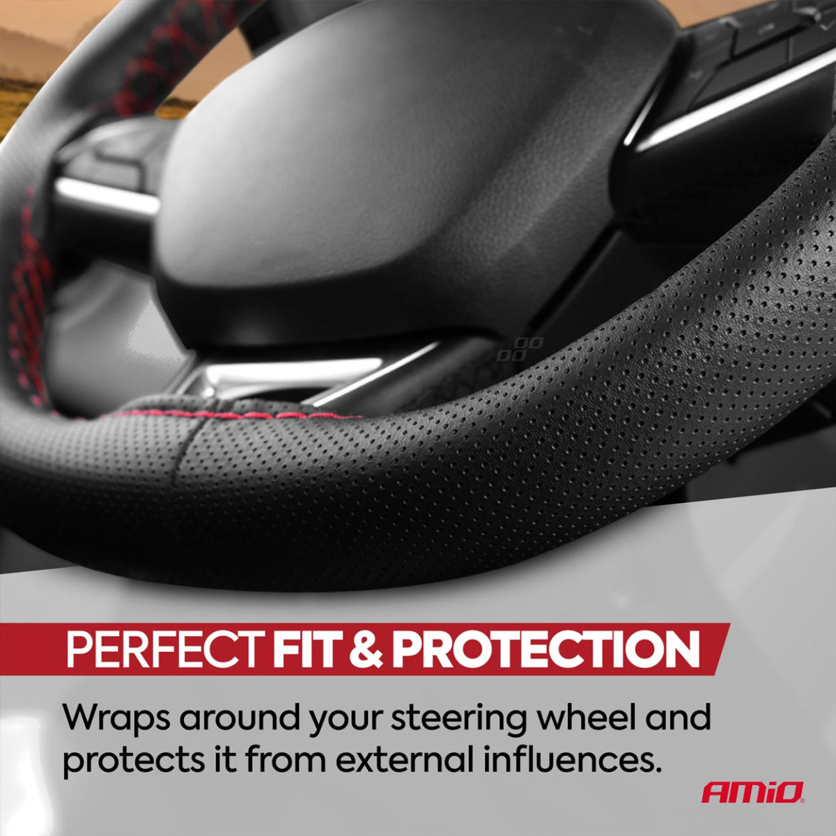 Perforierter Lenkradbezug mit Nadel und Faden, 38-39 cm - schwarz/rote Naht