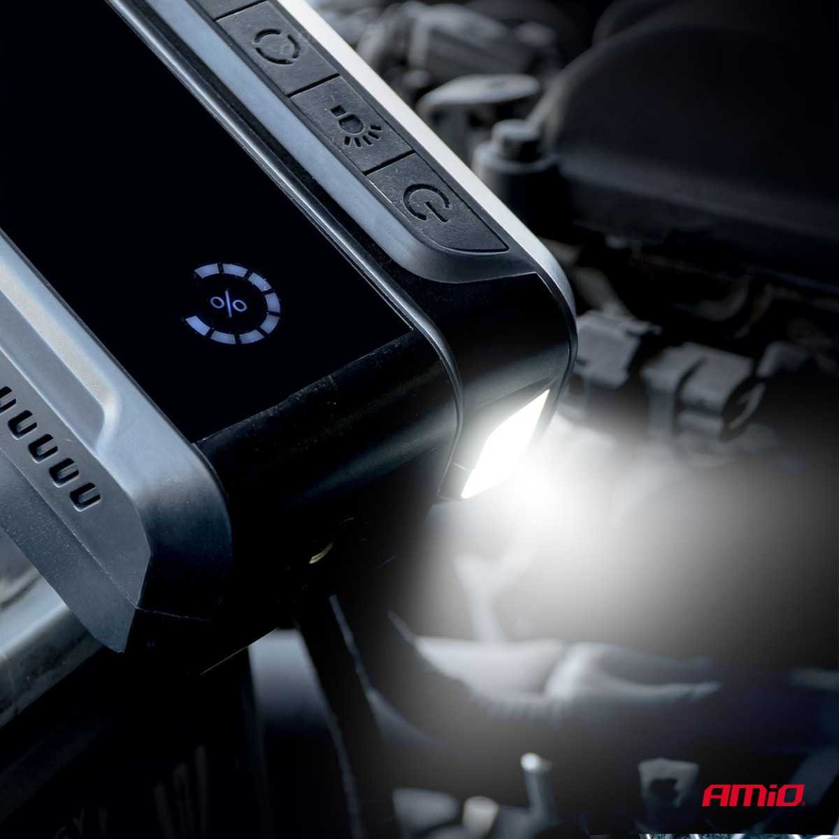 4-in-1-Starthilfegerät (Booster) mit Kompressor, LED-Taschenlampe und Powerbank 12V 12Ah 1600A AMIO-04677