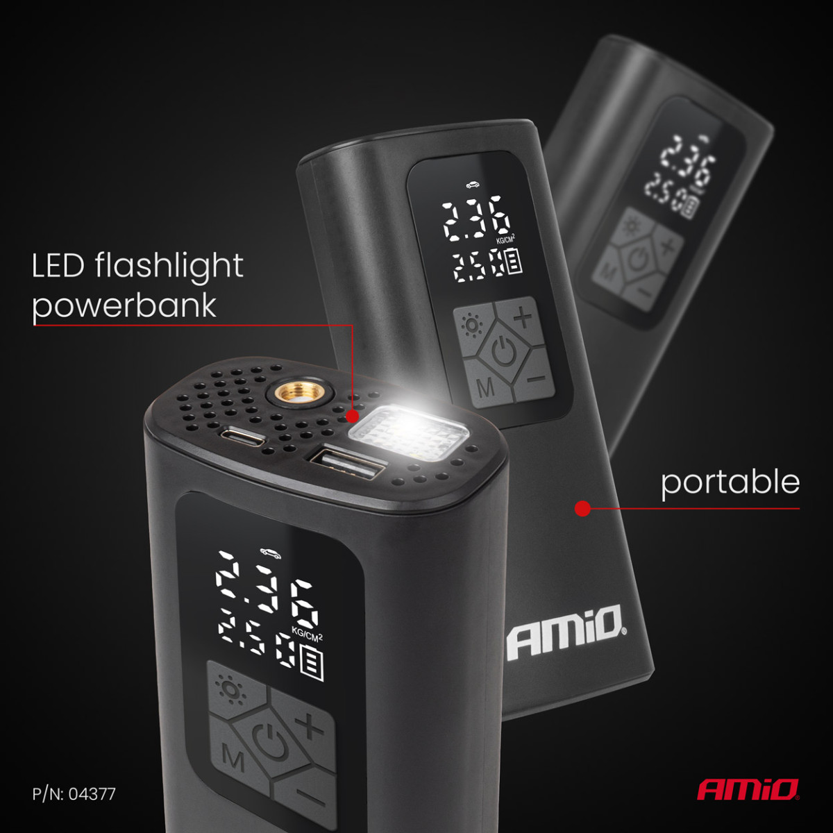 Kabelloser Autokompressor 40 W mit LED, Powerbank und USB-C, AMIO-04377