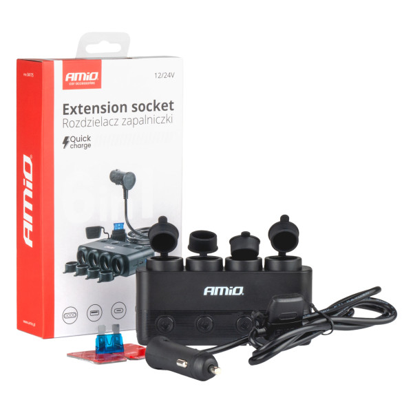 Kfz-Steckdosenleiste mit 4 Steckdosen, PD 30W und QC3.0 12/24V, max. 216W AMIO-04175