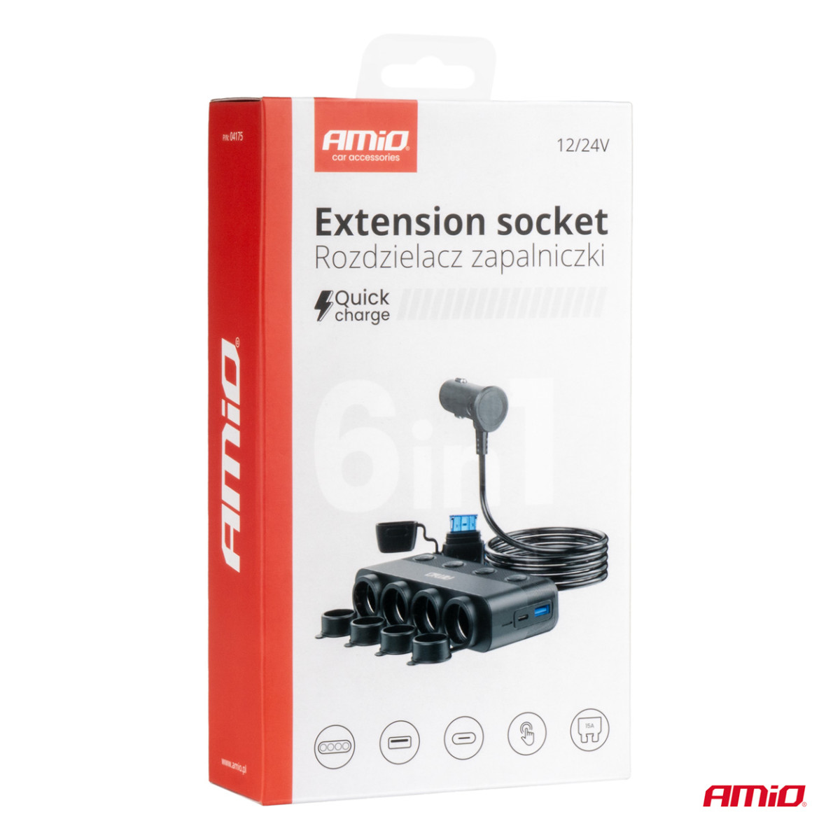 Kfz-Steckdosenleiste mit 4 Steckdosen, PD 30W und QC3.0 12/24V, max. 216W AMIO-04175