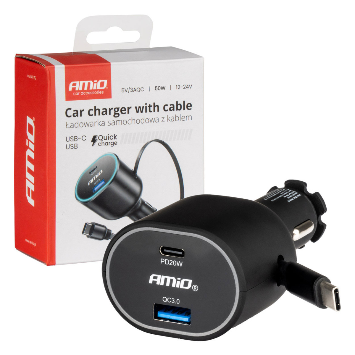 Schnell-Autoladegerät 3.0 mit 30-W-USB-C-Einzugskabel PD20W AMIO-04176