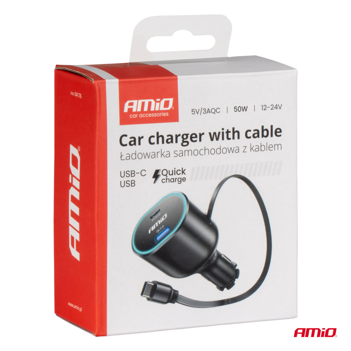Schnell-Autoladegerät 3.0 mit 30-W-USB-C-Einzugskabel PD20W AMIO-04176