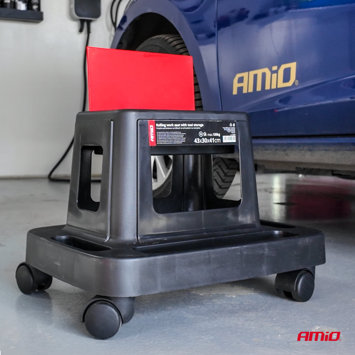 Werkstattstuhl auf Rollen mit Werkzeugaufbewahrungsbox, 150 kg, AMIO-04269