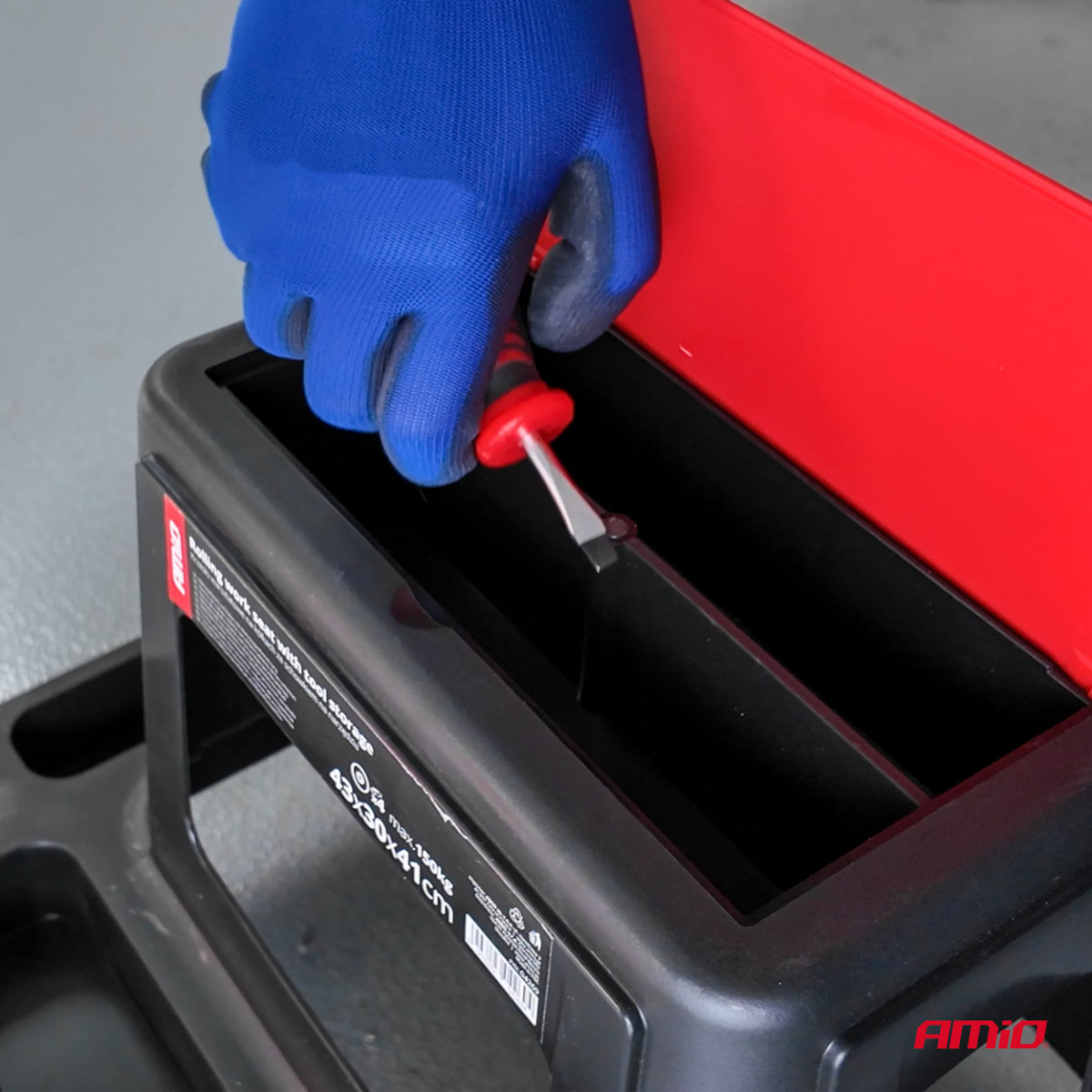 Werkstattstuhl auf Rollen mit Werkzeugaufbewahrungsbox, 150 kg, AMIO-04269