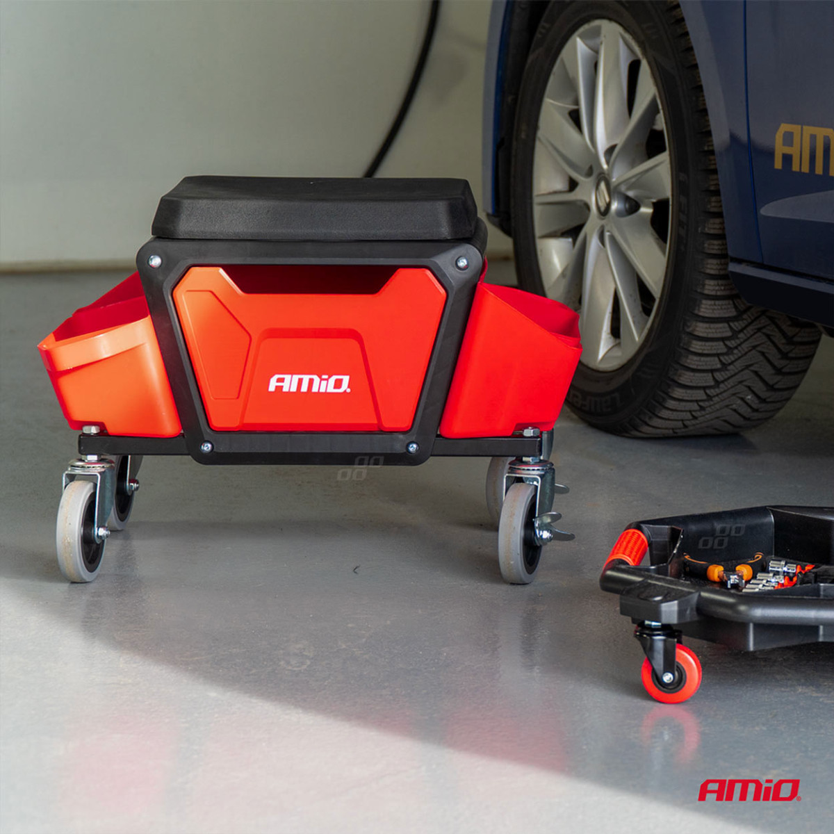 Werkstattstuhl auf Rollen mit Werkzeugaufbewahrungsbox, 135 kg, AMIO-04268