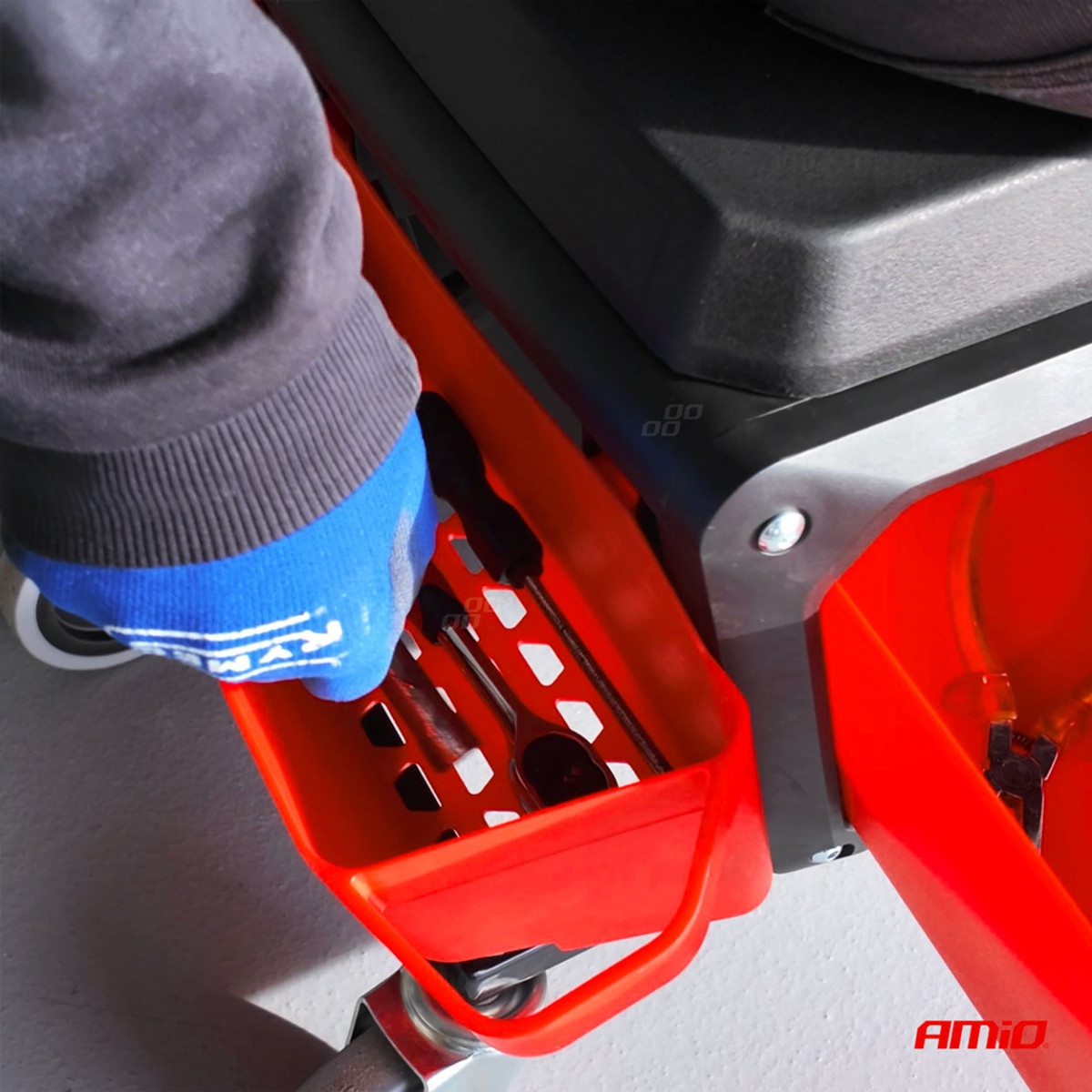 Werkstattstuhl auf Rollen mit Werkzeugaufbewahrungsbox, 135 kg, AMIO-04268