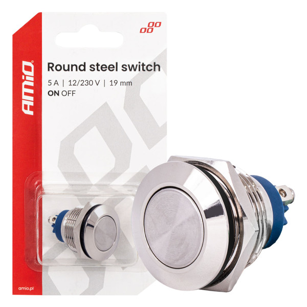 Runder Metallschalter ON/OFF 19 mm, 5 A, 12/230 V AMIO-04474