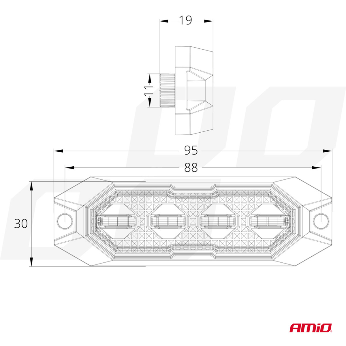 Flache LED-Warnblinkleuchte, orange, 4x3W, R65 R10, 12V/24V, IP6K9K AMIO-03929