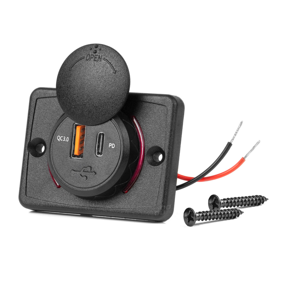 Quadratisches, wasserdichtes Handy-Ladegerät mit roter LED-Beleuchtung, USB + USB-C QC3.0 12/24 V