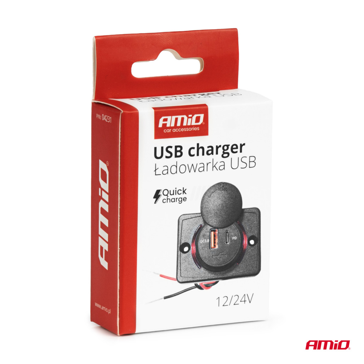 Quadratisches, wasserdichtes Handy-Ladegerät mit roter LED-Beleuchtung, USB + USB-C QC3.0 12/24 V