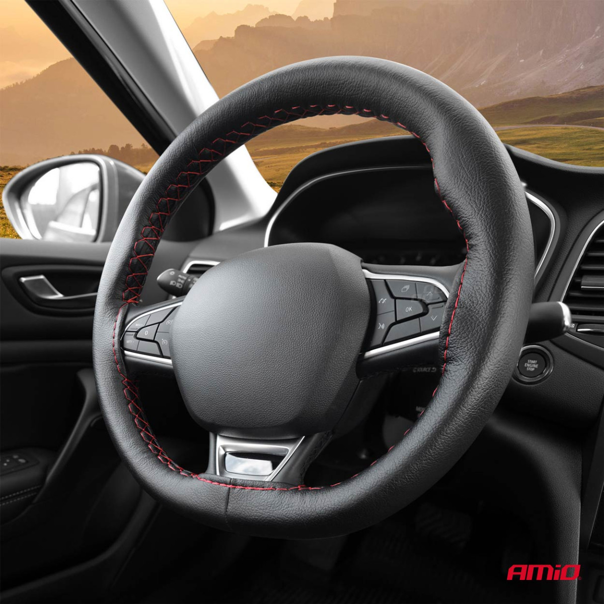 Lenkradbezug mit Nadel und Faden 38-39 cm - schwarz / rote Naht