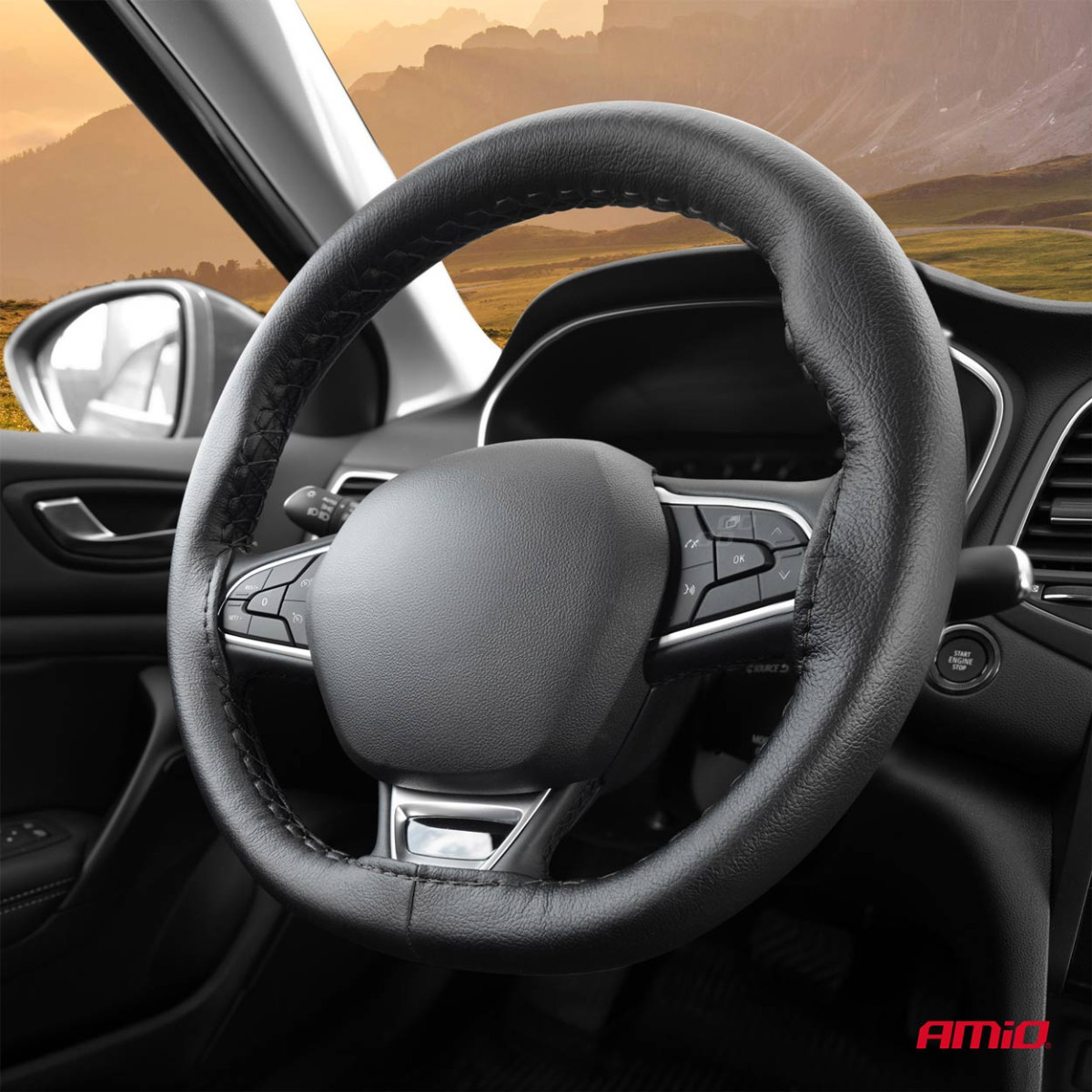 Lenkradbezug mit Nadel und Faden 38-39 cm - schwarz / schwarze Naht