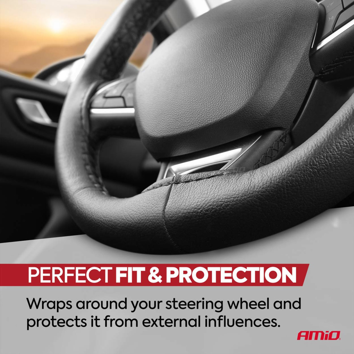 Lenkradbezug mit Nadel und Faden 38-39 cm - schwarz / schwarze Naht