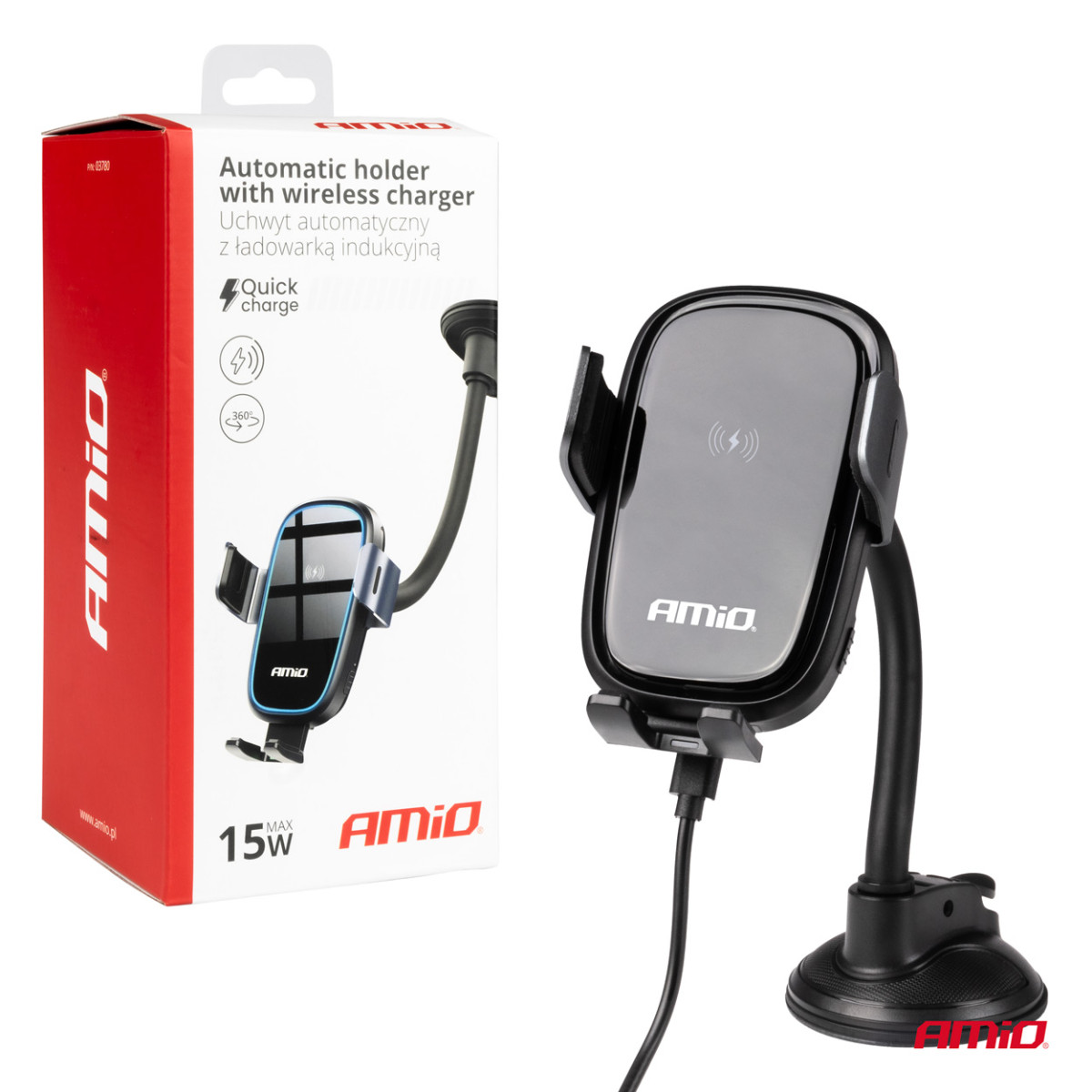 Handyhalterung mit Saugnapf und kabellosem Ladegerät 15W AMIO-03780