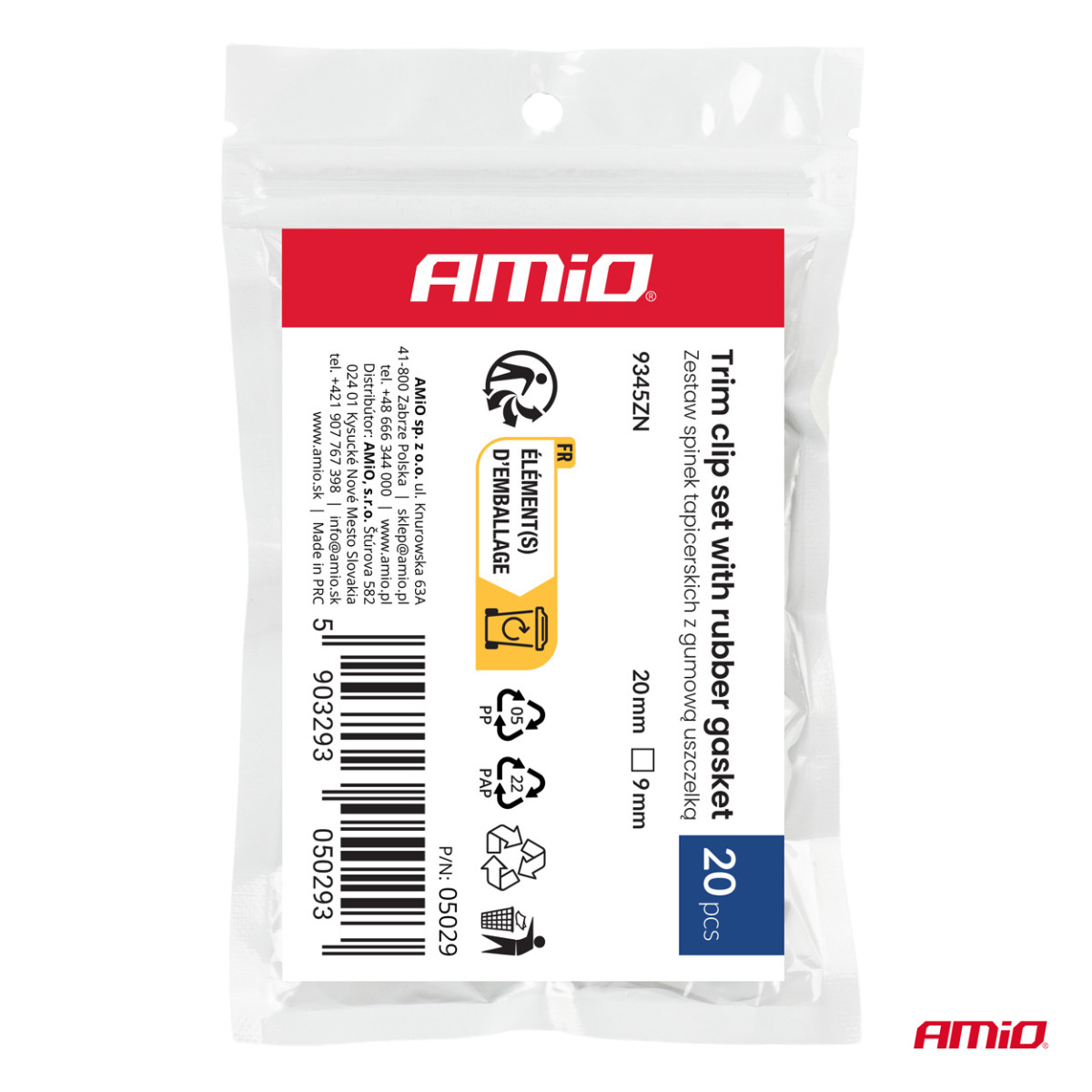 Polsterclips-Set mit Gummidichtung 20 mm, Ø 9 mm, 20 Stück, AMIO-05029
