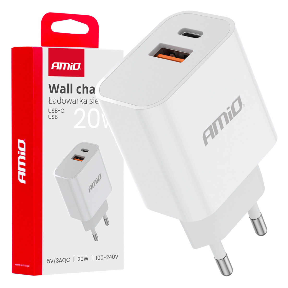 Wandladegerät PCH PRO-09 USB+USB-C 20W Schnellladung 230V