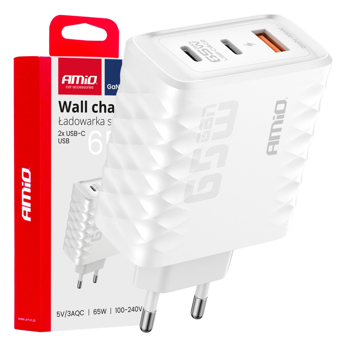 Wandladegerät 65W Schnellladeanschluss USB-A + 2x USB-C AMIO-04289
