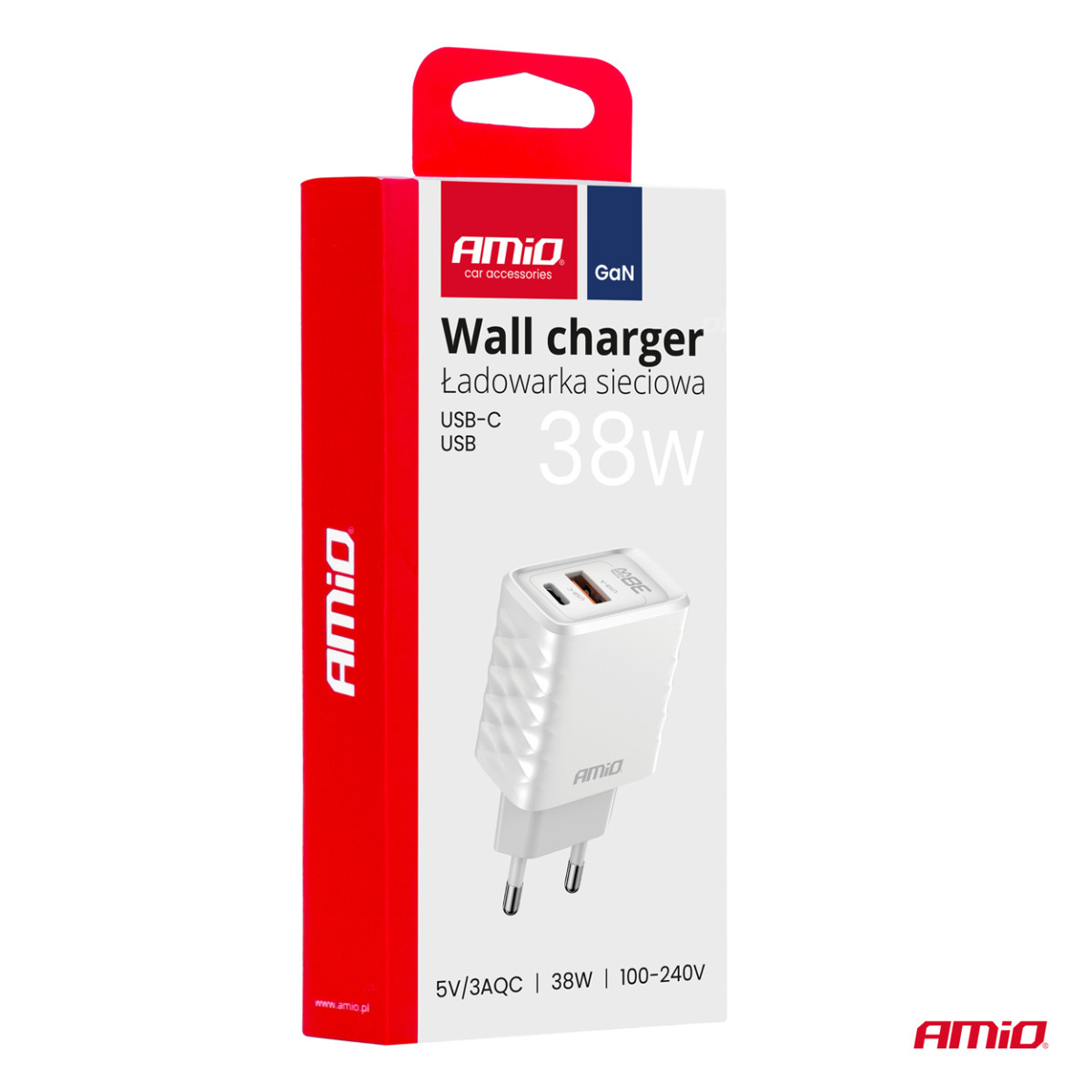 Wandladegerät Schnellladung GaN 38W USB-A + USB-C AMIO-04287