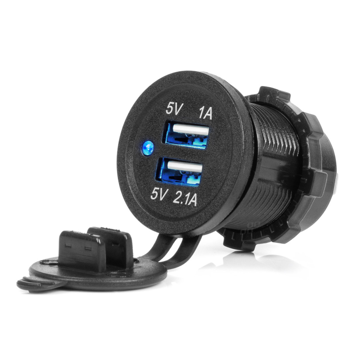 Wasserdichtes Handy-Ladegerät mit blauer LED-Anzeige, 3,1 A, 2x USB 12/24 V, AMIO-04216