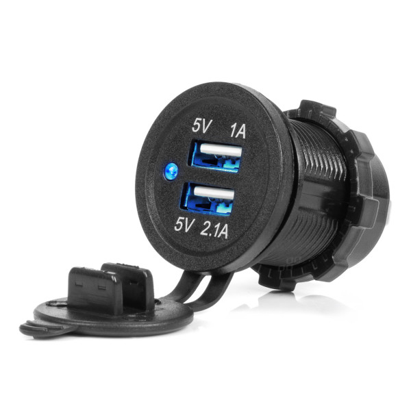 Wasserdichtes Handy-Ladegerät mit blauer LED-Anzeige, 3,1 A, 2x USB 12/24 V, AMIO-04216