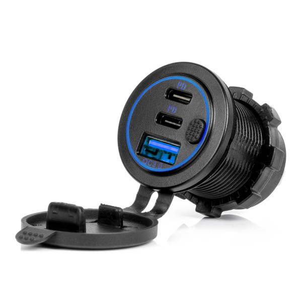 Wasserdichtes Handy-Ladegerät mit Schalter und blauer LED-Beleuchtung, USB + 2x USB C QC3.0 12/24V AMIO-04596