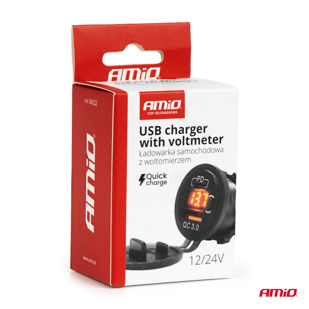 Wasserdichtes Handy-Ladegerät mit Digitalvoltmeter und roter LED-Anzeige, USB + USB-C QC3.0 12/24V AMIO-04222