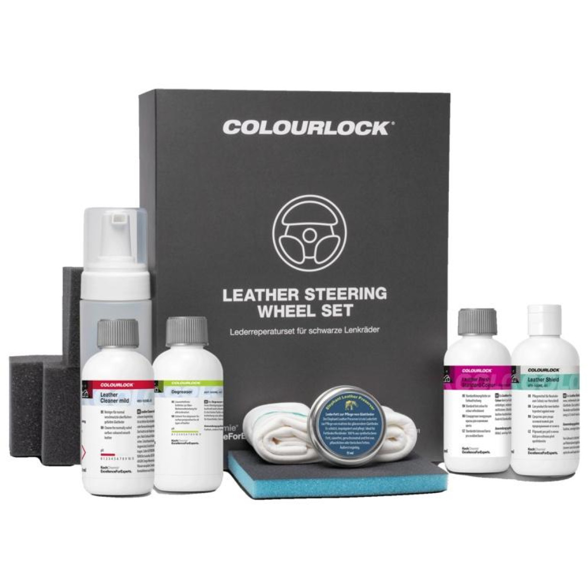 KOCH CHEMIE COLOURLOCK Leather Steering Wheel Set, schwarzes Lederlenkrad-Erneuerungsset